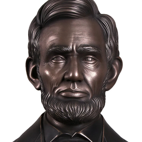 Heinimex Abraham Lincoln Bust human figure statue, textured Imperial Bronze finish, classic realistic style close up detail