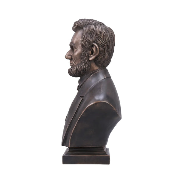 Heinimex Abraham Lincoln Bust human figure statue, textured Imperial Bronze finish, classic realistic style side view
