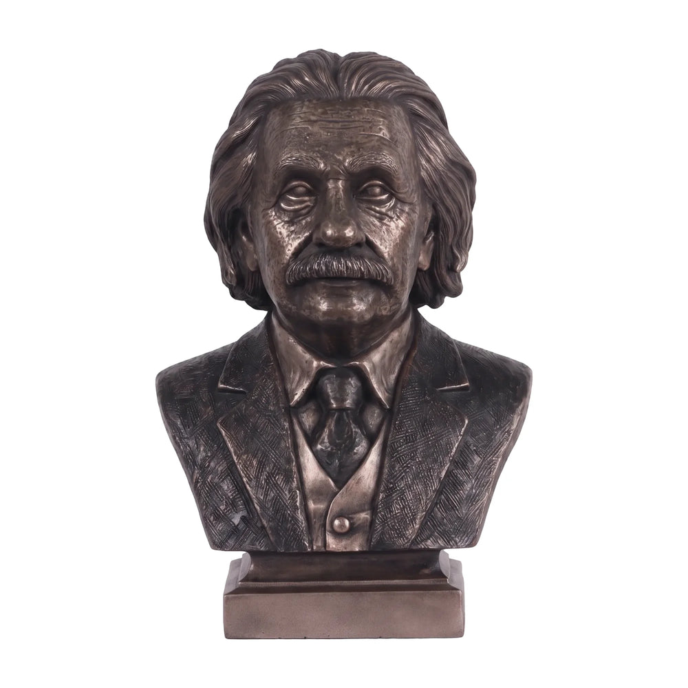 Heinimex Albert Einstein Bust human figure statue, textured Imperial Bronze finish, classic realistic style front view