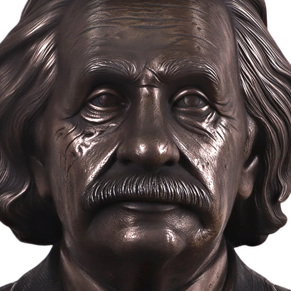 Heinimex Albert Einstein Bust human figure statue, textured Imperial Bronze finish, classic realistic style close up view