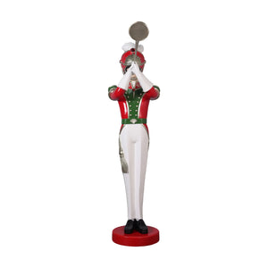 Heinimex Art Deco Toy Soldier with Trumpet Christmas decor, high-gloss vibrant holiday painted finish, stylized Art Deco aesthetic front view