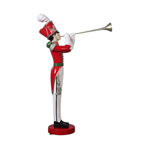 Heinimex Art Deco Toy Soldier with Trumpet Christmas decor, high-gloss vibrant holiday painted finish, stylized Art Deco aesthetic side view