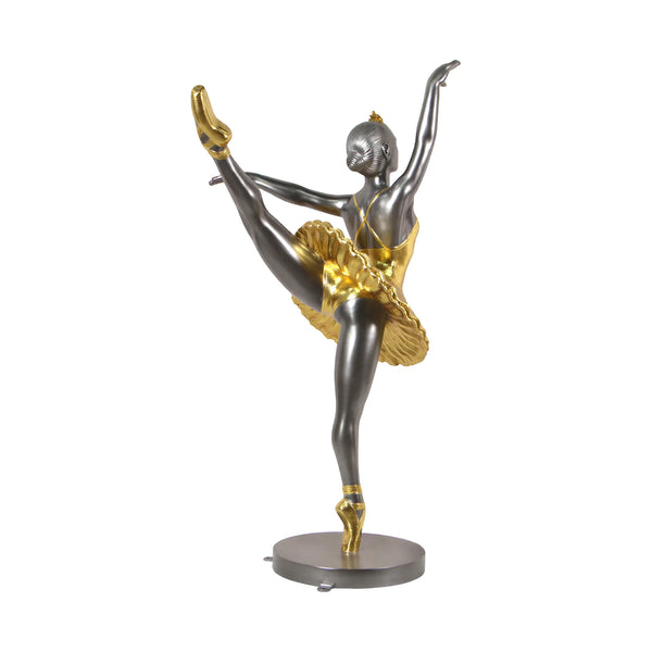 Heinimex Ballerina Design 2 - Round base human figure statue, sleek gunmetal and textured metallic gold finish, modern luxury elegant style angle back view