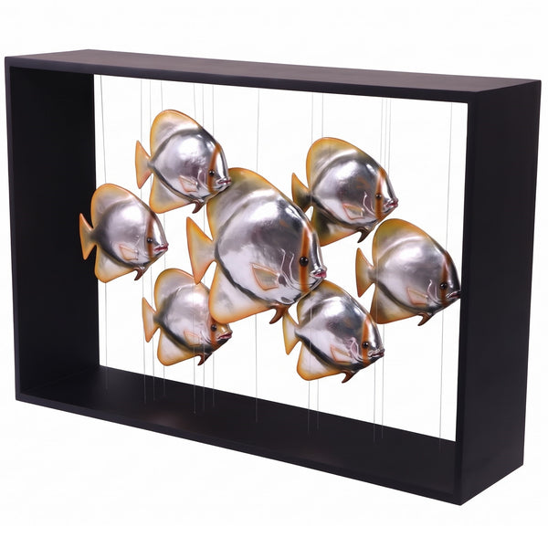 Heinimex Batfish Console indoor furniture, matte black frame with metallic silver fish, modern luxury coastal style right angle view