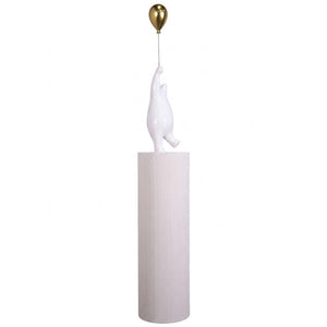 Heinimex Bear with Balloon on Groovy Pedestal, glossy white stone and metallic gold finish, modern luxury minimalist style angle view