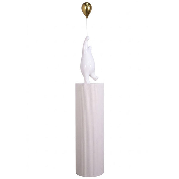 Heinimex Bear with Balloon on Groovy Pedestal, glossy white stone and metallic gold finish, modern luxury minimalist style angle view