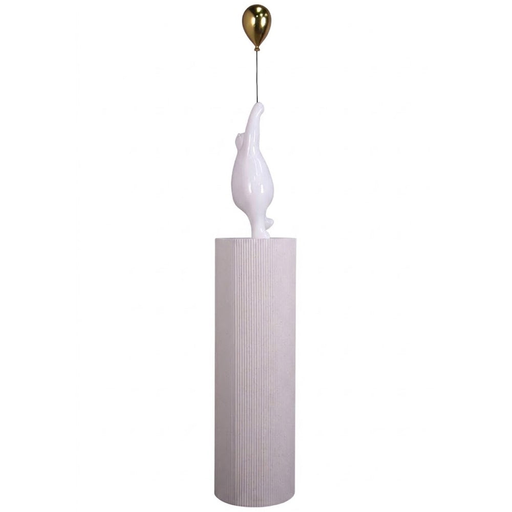 Heinimex Bear with Balloon on Groovy Pedestal, glossy white stone and metallic gold finish, modern luxury minimalist style angle view