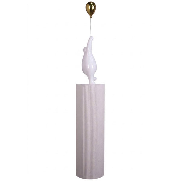 Heinimex Bear with Balloon on Groovy Pedestal, glossy white stone and metallic gold finish, modern luxury minimalist style side view
