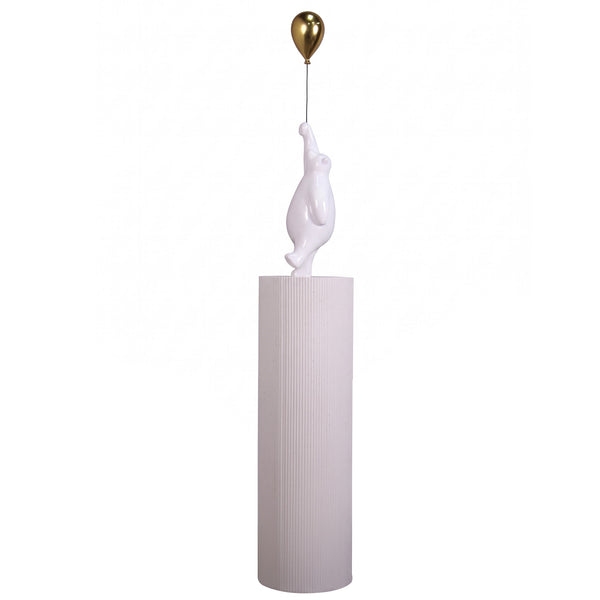 Heinimex Bear with Balloon on Groovy Pedestal, glossy white stone and metallic gold finish, modern luxury minimalist style left side view