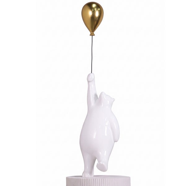 Heinimex Bear with Balloon on Groovy Pedestal, glossy white stone and metallic gold finish, modern luxury minimalist style close updetail