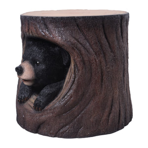 Heinimex Black Bear Cub in Hollow Trunk Table commercial accent table, realistic faux-wood bark and textured black fur finish, rustic woodland lodge style angel view