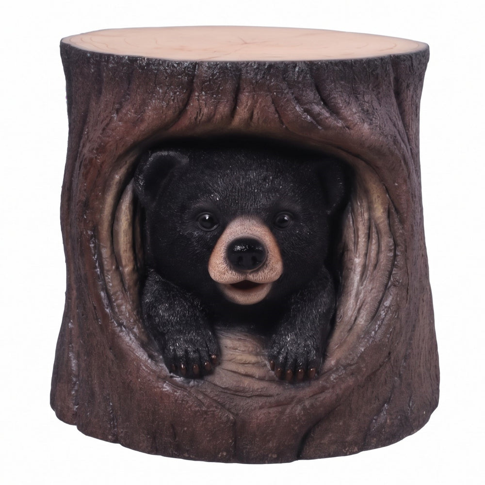 Heinimex Black Bear Cub in Hollow Trunk Table commercial accent table, realistic faux-wood bark and textured black fur finish, rustic woodland lodge style angel view