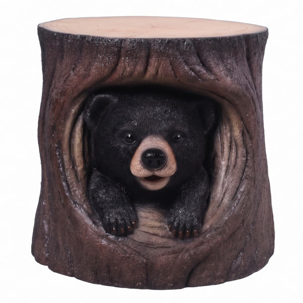 Heinimex Black Bear Cub in Hollow Trunk Table commercial accent table, realistic faux-wood bark and textured black fur finish, rustic woodland lodge style front view