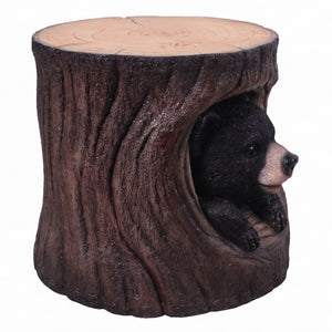 Heinimex Black Bear Cub in Hollow Trunk Table commercial accent table, realistic faux-wood bark and textured black fur finish, rustic woodland lodge style side view
