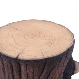 Heinimex Black Bear Cub in Hollow Trunk Table commercial accent table, realistic faux-wood bark and textured black fur finish, rustic woodland lodge style close up detail