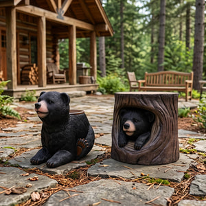 Heinimex Black Bear Cub Stool and Table commercial seating and table prop, realistic faux-wood bark and textured black fur finish, rustic woodland lodge lifestyle photo