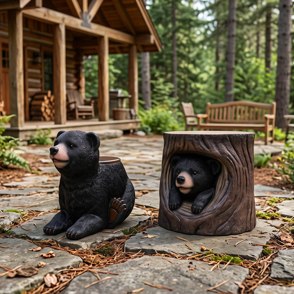 Heinimex Black Bear Cub Stool and Table commercial seating and table prop, realistic faux-wood bark and textured black fur finish, rustic woodland lodge lifestyle photo