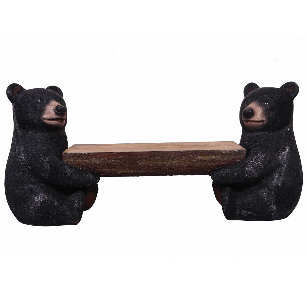Heinimex functional Black Bear Cubs bench, textured realistic painted finish, playful rustic style front view