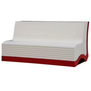 Heinimex Book Bench commercial seating prop, smooth white and crimson red painted finish, modern literary lounge style front angle view