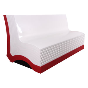Heinimex Book Bench commercial seating prop, smooth white and crimson red painted finish, modern literary lounge style side angle view