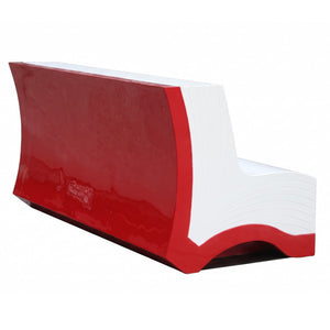 Heinimex Book Bench commercial seating prop, smooth white and crimson red painted finish, modern literary lounge style back angle view
