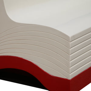 Heinimex Book Bench commercial seating prop, smooth white and crimson red painted finish, modern literary lounge style close up detail