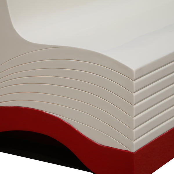 Heinimex Book Bench commercial seating prop, smooth white and crimson red painted finish, modern literary lounge style close up detail