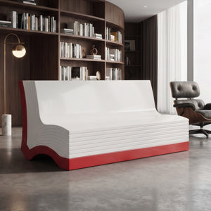 Heinimex Book Bench commercial seating prop, smooth white and crimson red painted finish, modern literary lounge lifestyle photo