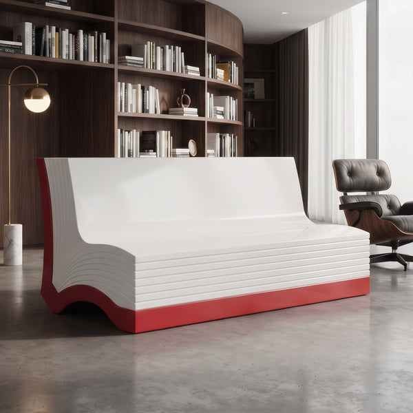 Heinimex Book Bench commercial seating prop, smooth white and crimson red painted finish, modern literary lounge lifestyle photo