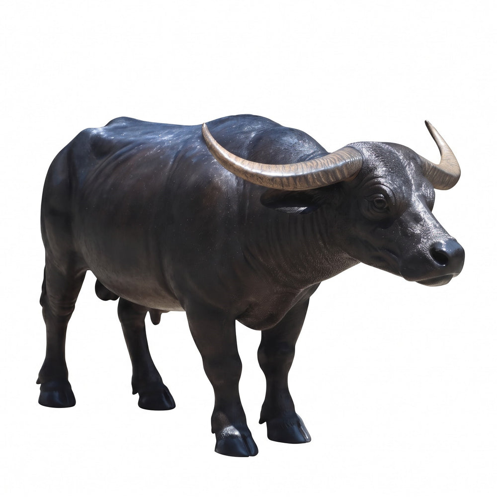 Heinimex Carabao - Life Size statue, realistic textured charcoal-black hide finish with ridged horns, rustic tropical farm display style angle view