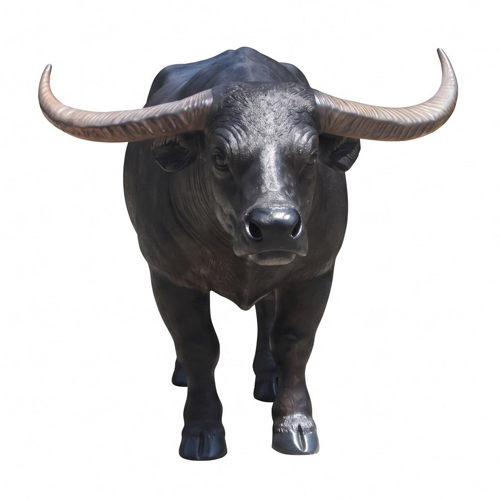 Heinimex Carabao - Life Size statue, realistic textured charcoal-black hide finish with ridged horns, rustic tropical farm display style angle view