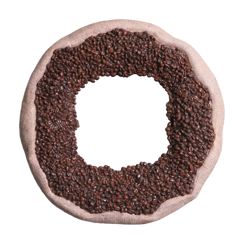 Heinimex coffee bean mirror, textured faux coffee bean and burlap finish, rustic commercial style front view