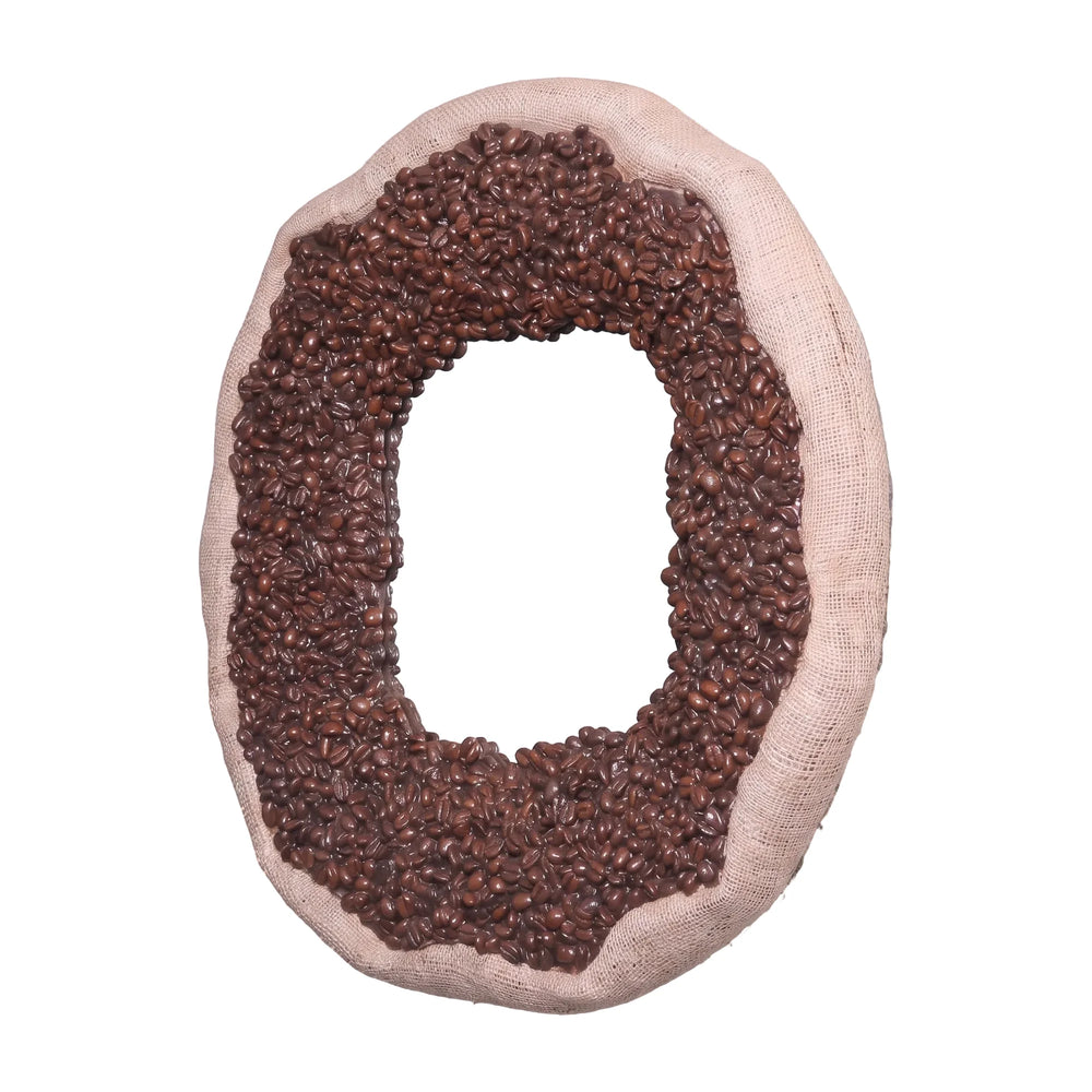 Heinimex coffee bean mirror, textured faux coffee bean and burlap finish, rustic commercial style front view