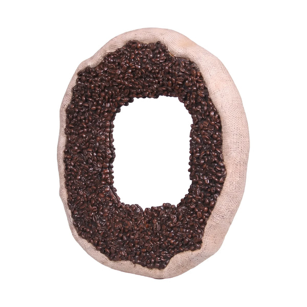 Heinimex coffee bean mirror, textured faux coffee bean and burlap finish, rustic commercial style side angle view