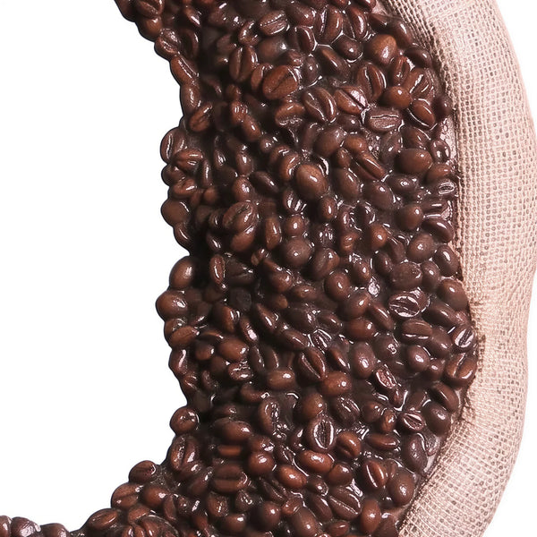 Heinimex coffee bean mirror, textured faux coffee bean and burlap finish, rustic commercial style close up detail view
