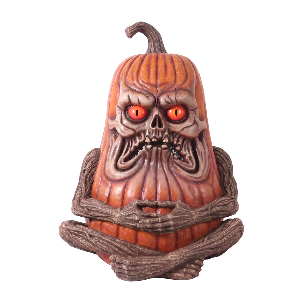 Heinimex whimsical creepy pumpkin statue, full-color painted finish, spooky whimsical style front view