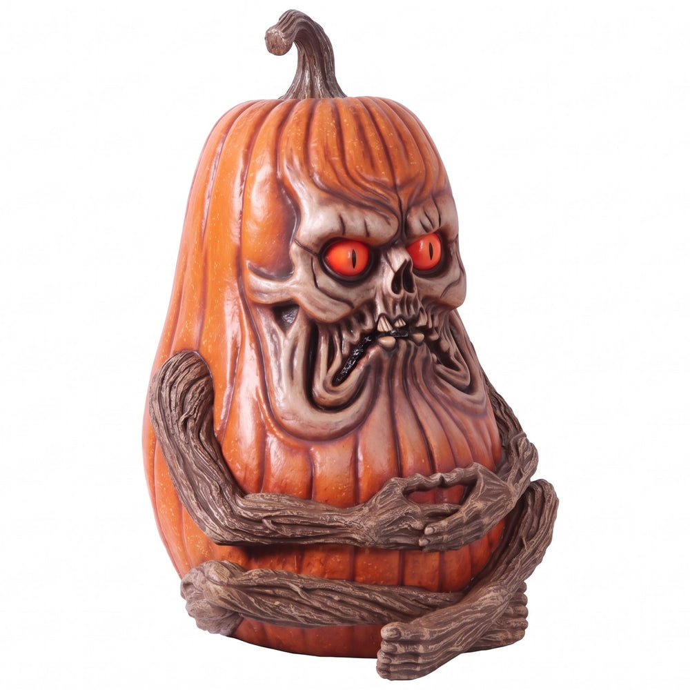 Heinimex whimsical creepy pumpkin statue, full-color painted finish, spooky whimsical style front view