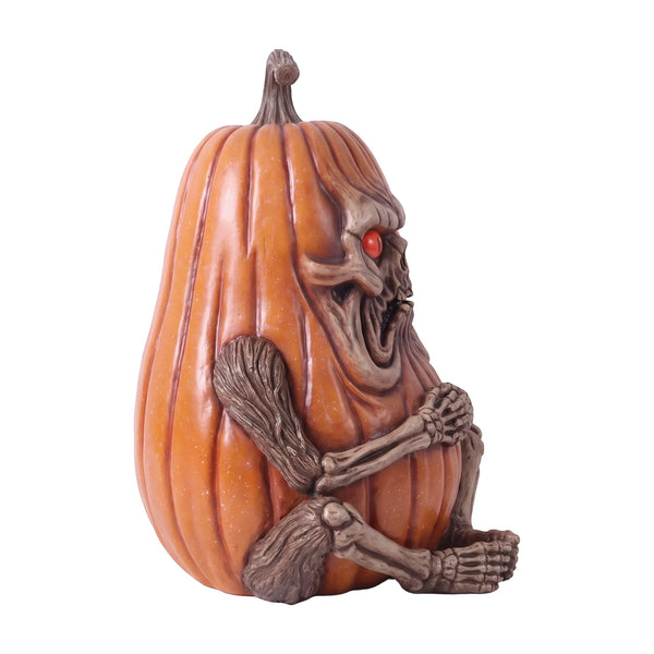 Heinimex whimsical creepy pumpkin statue, full-color painted finish, spooky whimsical style side view