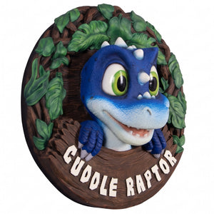 einimex Cuddle Raptor wall decor, full-color painted finish, playful whimsical style right angle iew