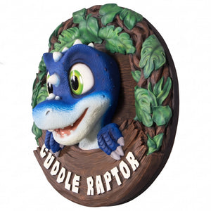 einimex Cuddle Raptor wall decor, full-color painted finish, playful whimsical style left angle view