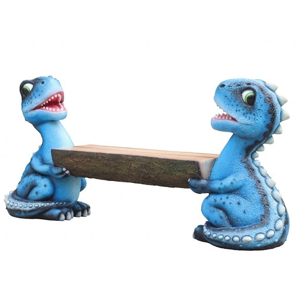 Heinimex dinosaur bench, vibrant blue painted finish, playful whimsical style left angle view