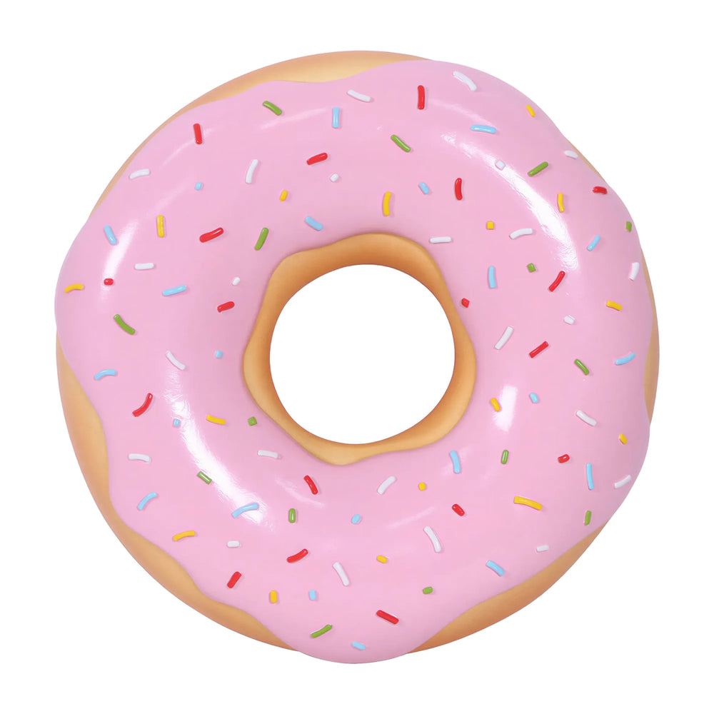 15-inch pink frosted donut wall decor with colorful sprinkles, commercial retail display prop by Heinimex in front view