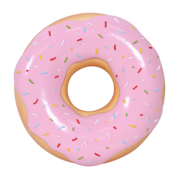 15-inch pink frosted donut wall decor with colorful sprinkles, commercial retail display prop by Heinimex in front view