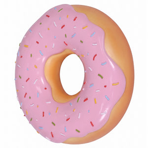 15-inch pink frosted donut wall decor with colorful sprinkles, commercial retail display prop by Heinimex in left angle front view