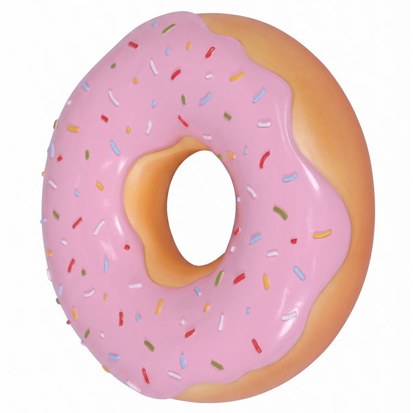 15-inch pink frosted donut wall decor with colorful sprinkles, commercial retail display prop by Heinimex in left angle front view