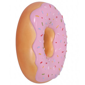 15-inch pink frosted donut wall decor with colorful sprinkles, commercial retail display prop by Heinimex in angle front view