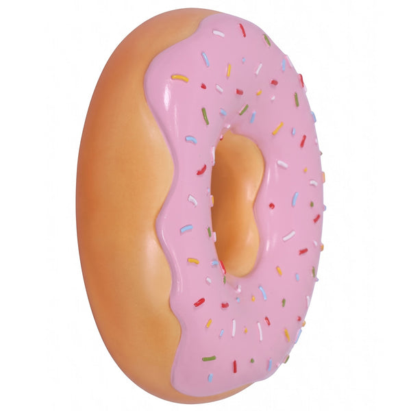 15-inch pink frosted donut wall decor with colorful sprinkles, commercial retail display prop by Heinimex in angle front view