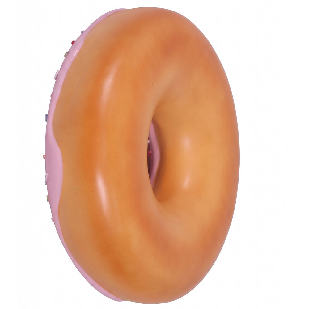 15-inch pink frosted donut wall decor with colorful sprinkles, commercial retail display prop by Heinimex in front view