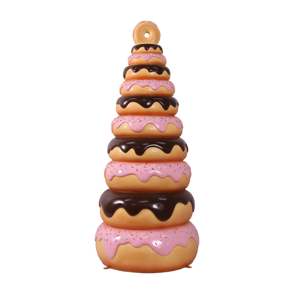 6-foot tall giant stacked donut tree retail display prop with pink and chocolate icing by Heinimex in back view