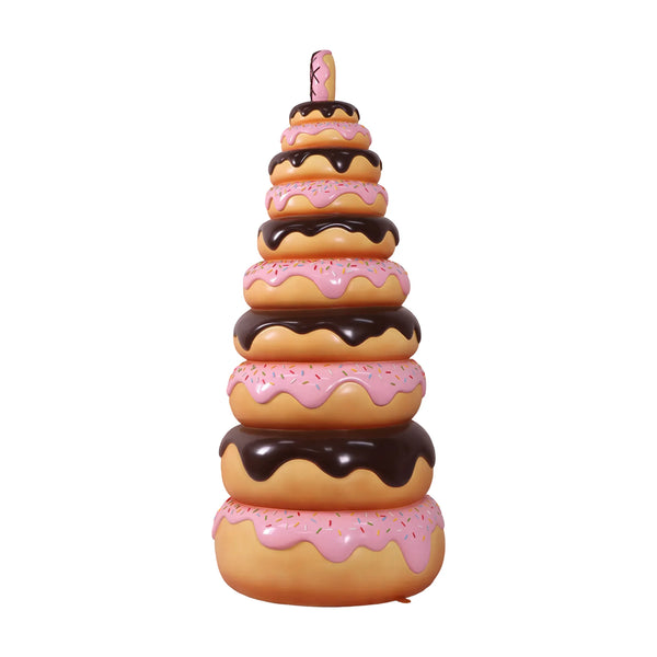 6-foot tall giant stacked donut tree retail display prop with pink and chocolate icing by Heinimex in side view
